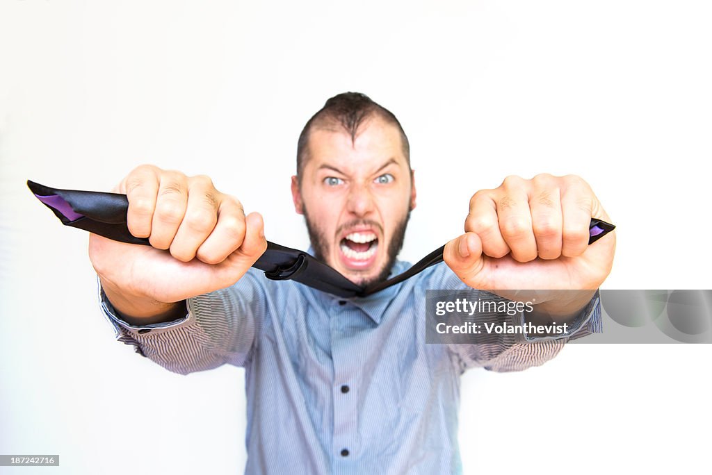 Working man trying to strangle himself w/ his tie