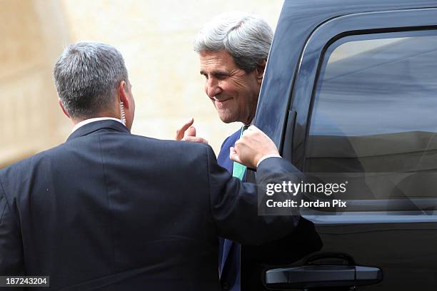 Secretary of State John Kerry arrives at the royal palace November 7, 2013 in Amman, Jordan. Kerry met with King Abdullah II and Foreign Minister...
