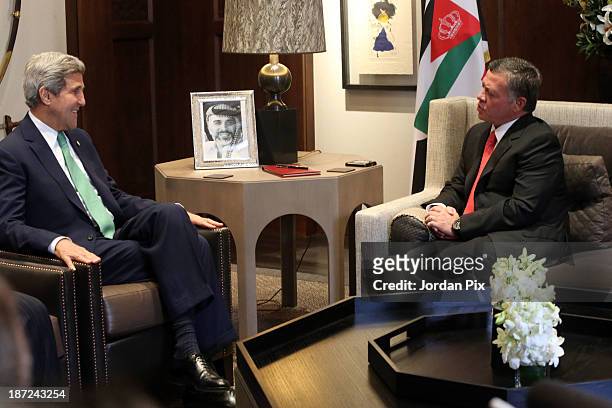 Secretary of State John Kerry meets with Jordanian King Abdullah II at the royal palace November 7, 2013 in Amman, Jordan. Kerry met with King...