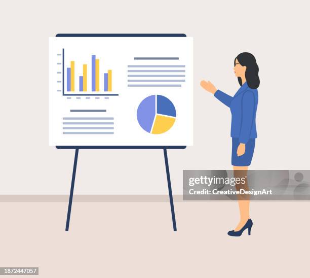 ilustraciones, imágenes clip art, dibujos animados e iconos de stock de empresaria presentando un informe en un rotafolio. concepto de presentación de negocios - rotafolio