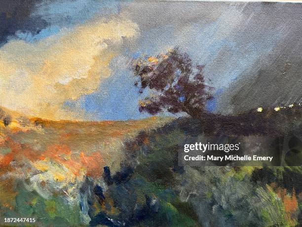 colourful semi abstract tree on moors - single tree stock illustrations