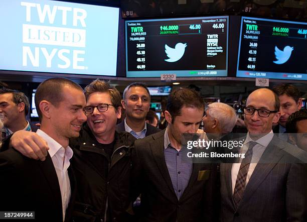 Jack Dorsey, co-founder of Twitter Inc. And founder and chief executive officer of Square, from left, Christopher Isaac "Biz" Stone, co-founder of...