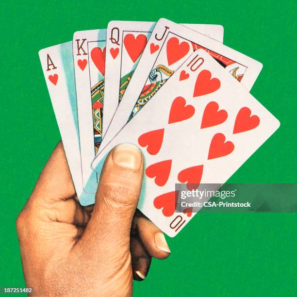 a hand holding a royal flush cards - hearts playing card stock illustrations