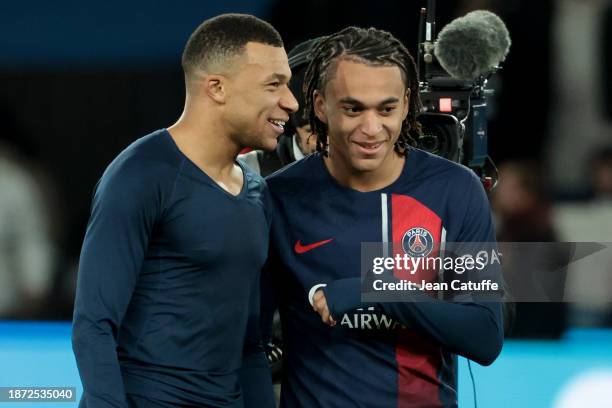 Kylian Mbappe and his brother Ethan Mbappe of PSG celebrate the victory following the Ligue 1 Uber Eats match between Paris Saint-Germain and FC Metz...
