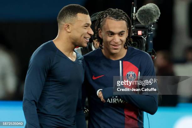 Kylian Mbappe and his brother Ethan Mbappe of PSG celebrate the victory following the Ligue 1 Uber Eats match between Paris Saint-Germain and FC Metz...