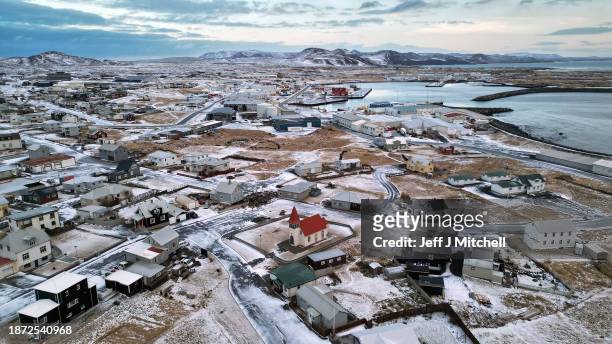 An aerial view of Grindavík which was evacuated due to the volcanic eruption that happened four kilometres north on December 21, 2023 in Grindavik,...