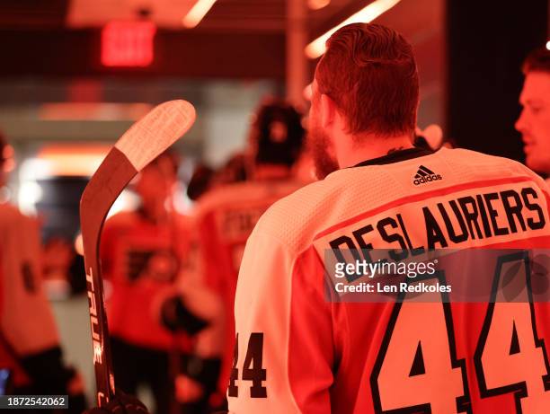 Nicolas Deslauriers of the Philadelphia Flyers stands in the tunnel prior to warm-ups against the Detroit Red Wings at the Wells Fargo Center on...