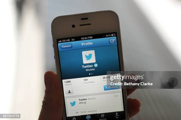 In this photo illustration, the Twitter logo and hashtag '#Ring!' is displayed on a mobile device as the company announced its initial public...