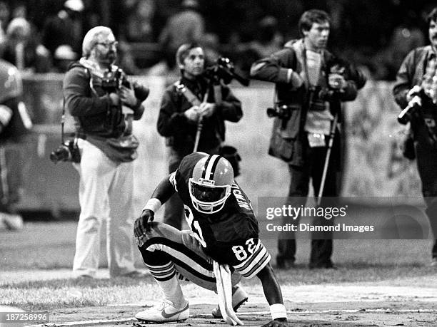 Tight end Ozzie Newsome of the Cleveland Browns gets up after falling in the endzone during a game against the Cincinnati Bengals on September 15,...