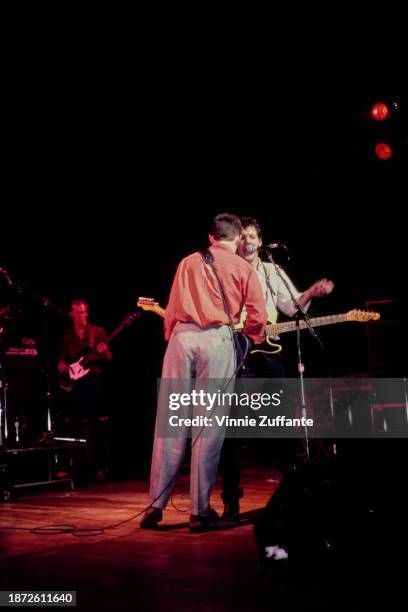 American singer, songwriter and musician Marshall Crenshaw alongside American singer, songwriter and musician Steve Forbert in concert, United...