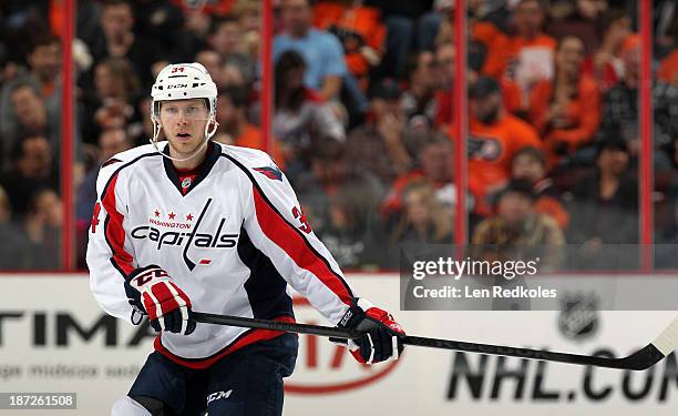 Alexander Urbom of the Washington Capitals in action against the Philadelphia Flyers on November 1, 2013 at the Wells Fargo Center in Philadelphia,...