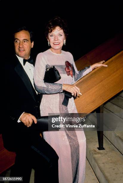 American entrepreneur Jeffrey Endervelt, wearing a tuxedo and bow tie, and his wife, American actress Polly Bergen, who wears an evening gown and is...