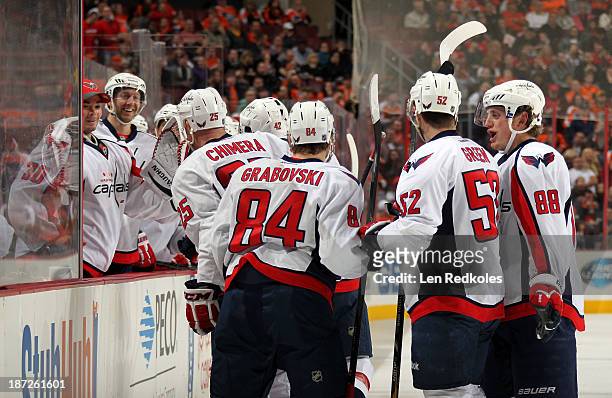 Joel Ward, Jason Chimera, Mikhail Grabovski, Mike Green and Nate Schmidt of the Washington Capitals celebrate a second period goal against the...