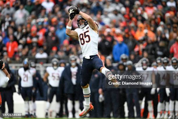 Cole Kmet of the Chicago Bears catches a pass during the first half against the Cleveland Browns at Cleveland Browns Stadium on December 17, 2023 in...