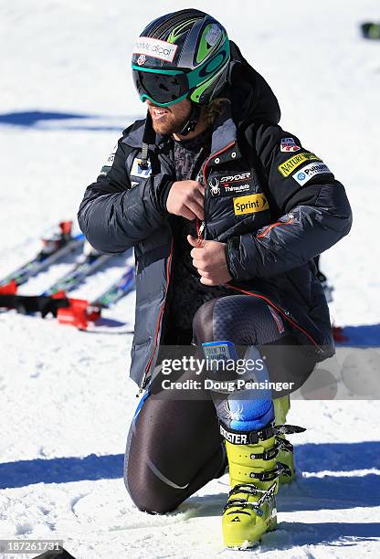 Erik Fisher looks on following downhill training at the U.S. Ski Team Speed Center at Copper Mountain on November 7, 2013 in Copper Mountain,...