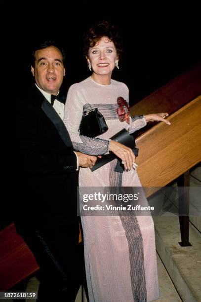 American entrepreneur Jeffrey Endervelt, wearing a tuxedo and bow tie, and his wife, American actress Polly Bergen, who wears an evening gown and is...