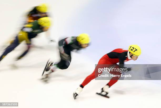 Wenhao Liang of China leads during the Men's 500m preliminaries during day one of the Samsung ISU Short Track World Cup at the Palatazzoli on...