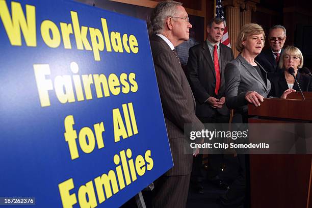 Sen. Tammy Baldwin speaks during a news conference before the final passage of the Employment Non-Discrimination Act with Senate Majority Leader...