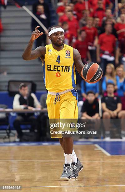 Tyrese Rice, #4 of Maccabi Electra Tel Aviv in action during the 2013-2014 Turkish Airlines Euroleague Regular Season Date 4 game between Lietuvos...