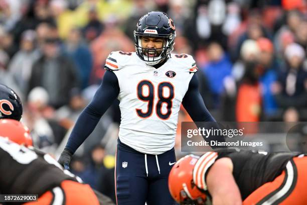 Montez Sweat of the Chicago Bears waits for the snap during the first half against the Cleveland Browns at Cleveland Browns Stadium on December 17,...