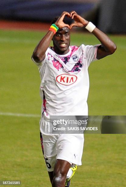 Bordeaux' Ludovic Sane celebrates after he scored a goal during the UEFA Europa League football match between Girondins de Bordeaux and APOEL Nicosia...