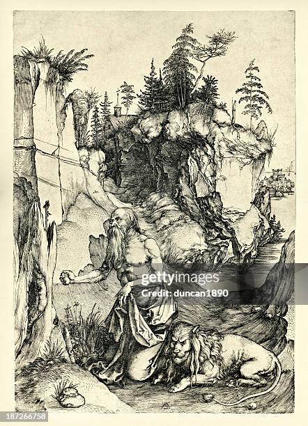ilustrações, clipart, desenhos animados e ícones de st. jerome penitent no wilderness - penitente people