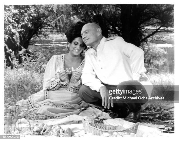 Actress Lainie Kazan and actor Yul Brynner on set of the movie "Romance of a Horsethief" in 1971.