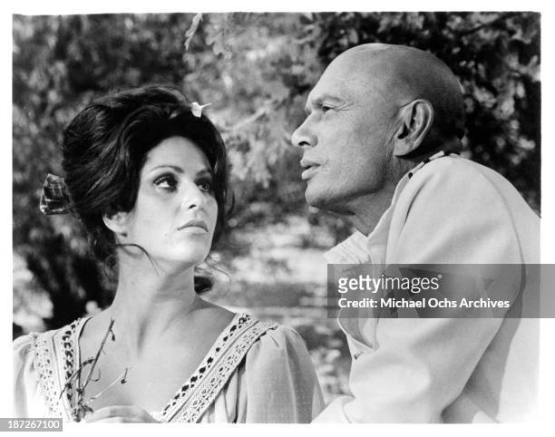 Actress Lainie Kazan and actor Yul Brynner on set of the movie "Romance of a Horsethief" in 1971.