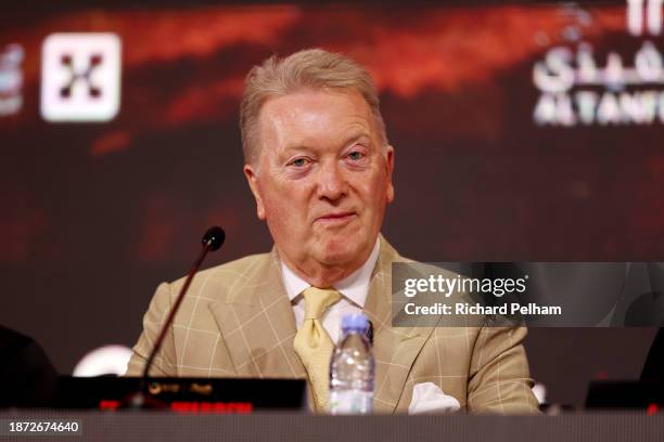 Promoter Frank Warren, Co-Owner of Queensberry Promotions, speaks to the media during the press conference ahead of the Heavyweight fight between...