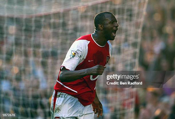 Patrick Vieira of Arsenal celebrates scoring the winning goal during the FA Barclaycard Premiership match between Arsenal and Everton held on March...