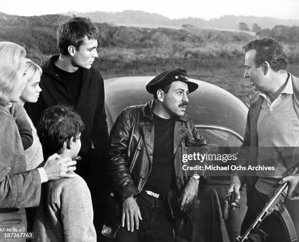 Actresses Eva Marie Saint, Andrea Dromm, actors Sheldon Collins, John Phillip Law, Alan Arkin and Carl Reiner on set of the movie "The Russians Are...