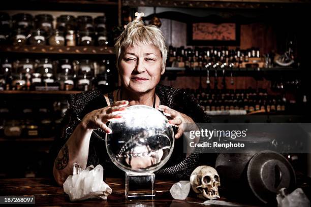 witch series: crystal ball - old witch stock pictures, royalty-free photos & images