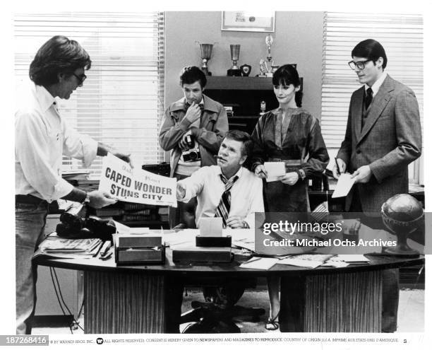 Director Richard Donner, actors Jackie Cooper, Marc McClure, actress Margot Kidder and Christopher Reeve on set of the Warner Bros movie "Superman "...