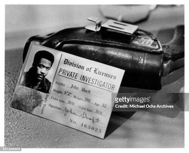 View of on set props for Richard Roundtree for the TV series" Shaft" as John Shaft . Circa 1973.