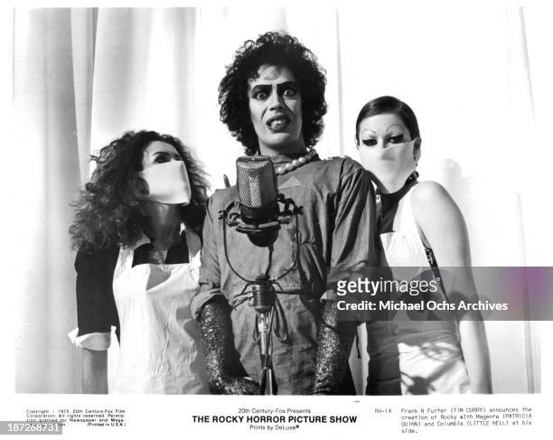 Actress Patricia Quinn,actor Tim Curry, and actress Little Nell on set of the Cinemax movie "The Rocky Horror Picture Show" in 1975.