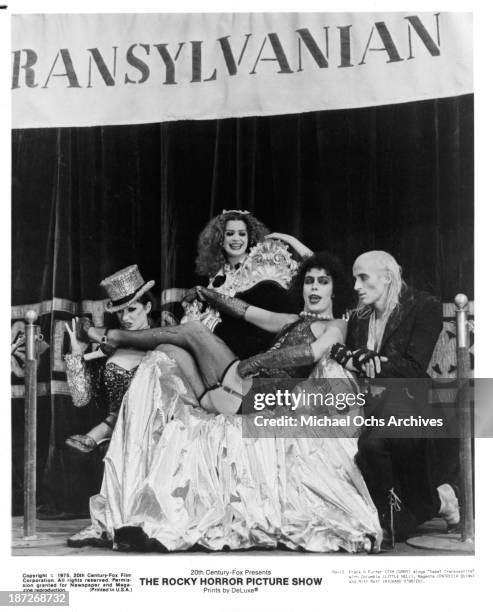 Actress Little Nell, actress Patricia Quinn actor Tim Curry and actor Richard O'Brien on set of the Cinemax movie "The Rocky Horror Picture Show" in...