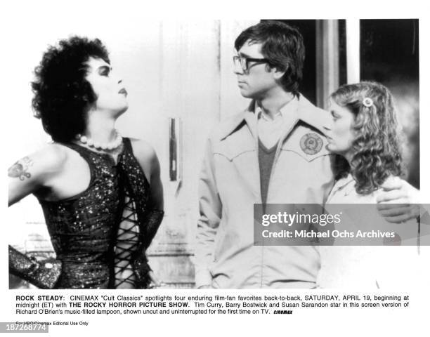 Actors Tim Curry, Barry Bostwick and actress Susan Sarandon on set of the Cinemax movie "The Rocky Horror Picture Show" in 1975.