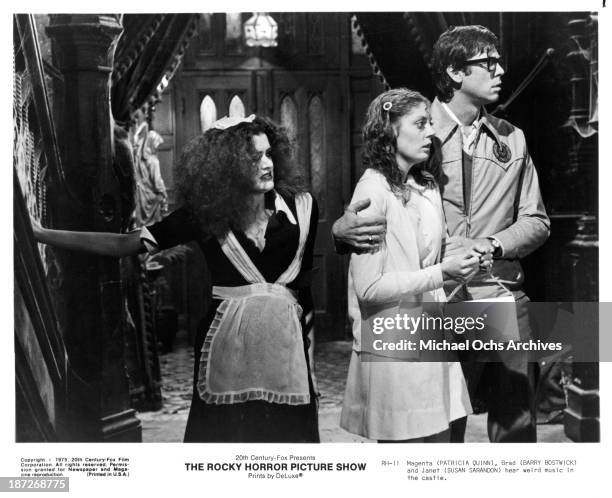 Actress Patricia Quinn,actor Barry Bostwick and actress Susan Sarandon on set of the Cinemax movie "The Rocky Horror Picture Show" in 1975.