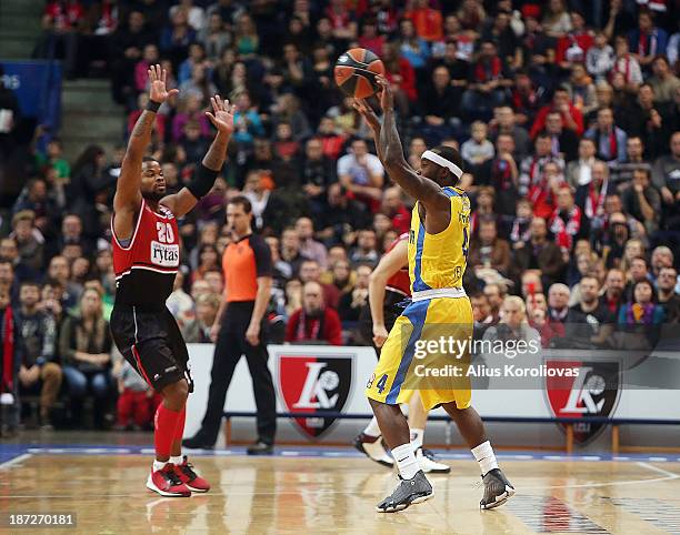 Tyrese Rice, #4 of Maccabi Electra Tel Avivin action during the 2013-2014 Turkish Airlines Euroleague Regular Season Date 4 game between Lietuvos...