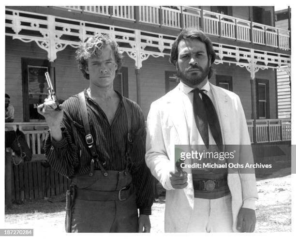 Actors Michael O'Keefe and Tommy Lee Jones on set of the Paramount Pictures movie "Savage Islands" in 1983.