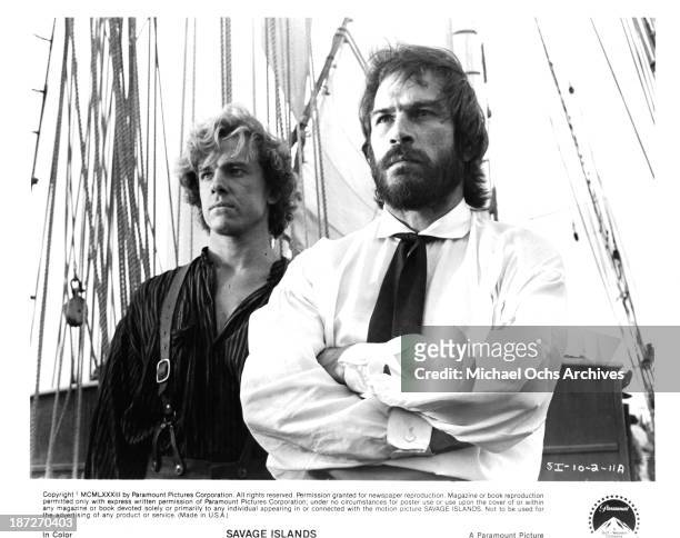 Actors Michael O'Keefe and Tommy Lee Jones on set of the Paramount Pictures movie "Savage Islands" in 1983.