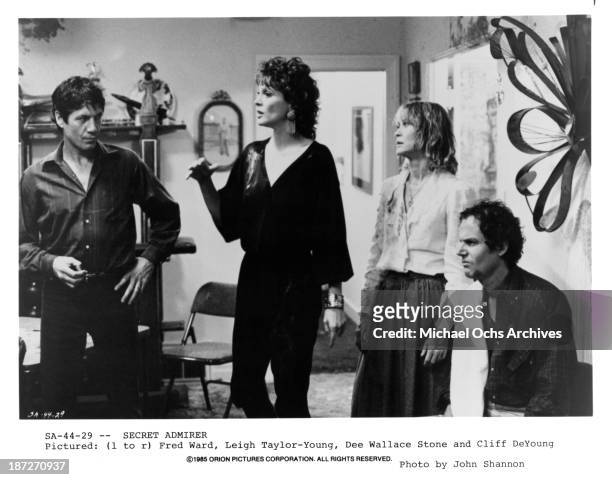 Actor Fred Ward, actress Leigh Taylor-Young, actress Dee Wallace and actor Cliff De Young on set of the Orion Picture movie "Secret Admirer" in 1985.
