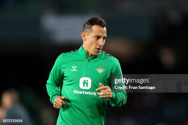 Andres Guardado of Real Betis warms up prior to the LaLiga EA Sports match between Real Betis and Girona FC at Estadio Benito Villamarin on December...