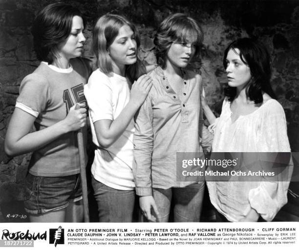 Actresses Kim Cattrall, Debra Berger, Isabelle Huppert and Brigitte Ariel on set of the United Artist movie "Rosebud" in 1975.