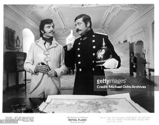 Actors Alan Bates and Oliver Reed on set of the 20th Century-Fox movie "Royal Flash" in 1975.