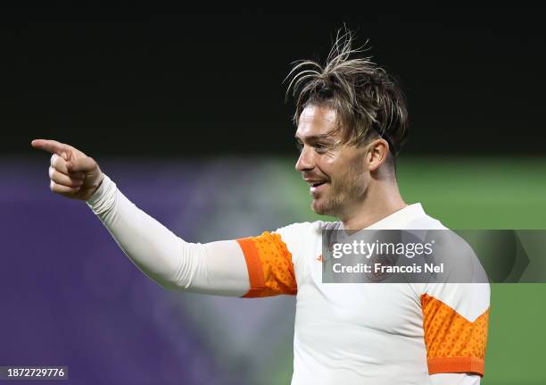 Jack Grealish of Manchester City gestures during a Manchester City training session ahead of the FIFA Club World Cup Saudi Arabia 2023 at King...