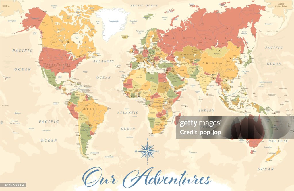 World Map - Highly Detailed Vector Map of the World. Vintage Retro Style. With text "Our Adventures"