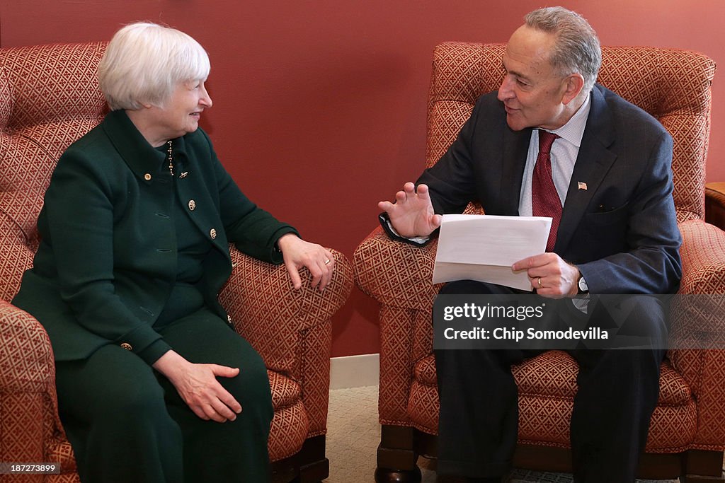 Fed Chair Nominee Janet Yellen Meets With Sen. Schumer On Capitol Hill