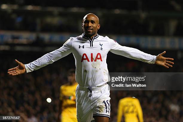 Jermain Defoe of Spurs celebrates scoring their second goal from the penalty spot during the UEFA Europa League Group K match between Tottenham...
