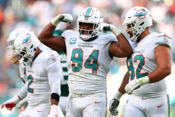 Christian Wilkins of the Miami Dolphins reacts during the second quarter against the New York Jets at Hard Rock Stadium on December 17, 2023 in Miami...